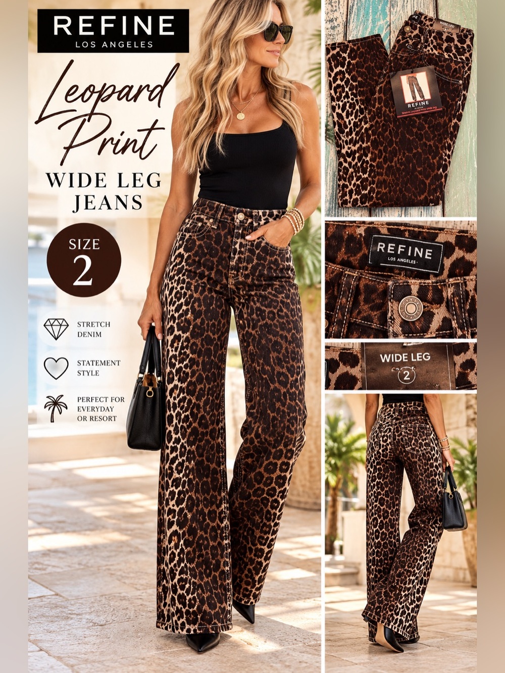 NWT Refine Leopard Print Wide Leg Jeans Size 2 Stretch Animal Print